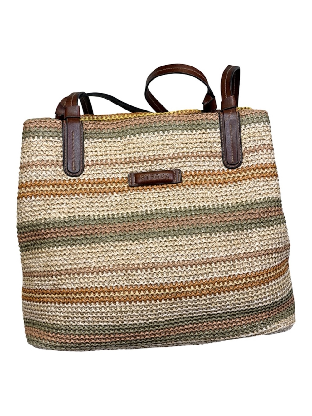 Strada Striped Woven Tote in Neutral Greens and Browns